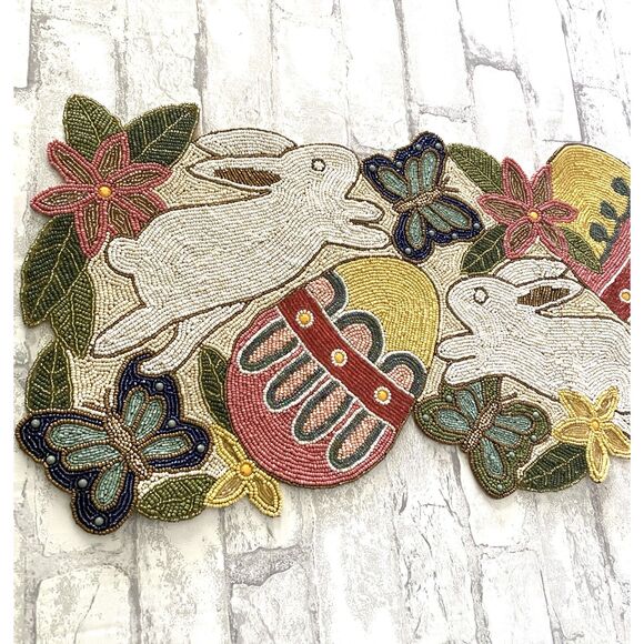 One Hundred 80 Degrees Beaded Bunny Easter Egg Table Runner Festive Spring Decor - Picture 4 of 8